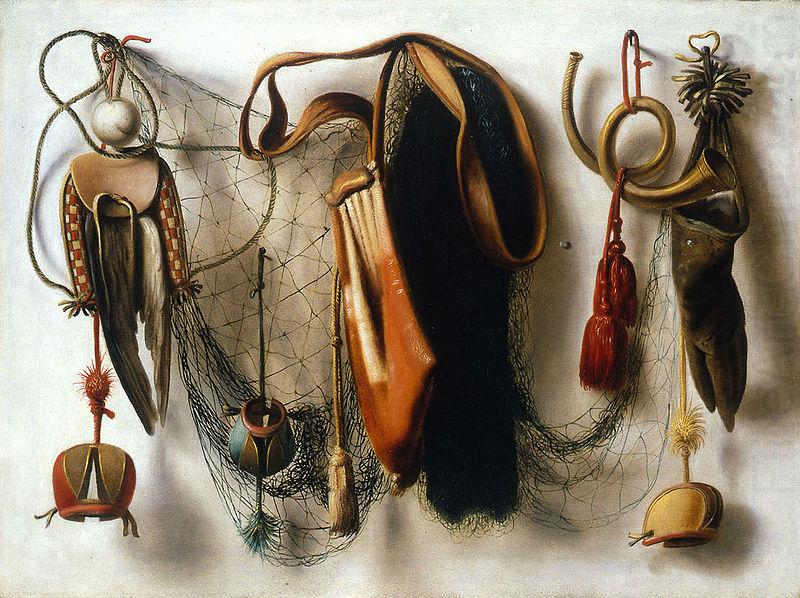 A Trompe l'Oeil of Hawking Equipment, including a Glove, a Net and Falconry Hoods, hanging on a Wall., Christoffel Pierson